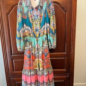 Flying Tomato Teal and Coral Paisley Midi Dress